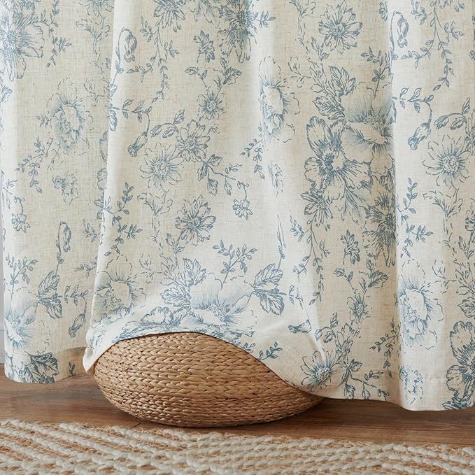 jinchan Linen Floral Curtains 63 Inch Length for Living Room Bedroom Light Filtering Farmhouse Peony Flower Drapes Rustic Window Curtain Set Rod Pocket Back Tab 2 Panels Blue