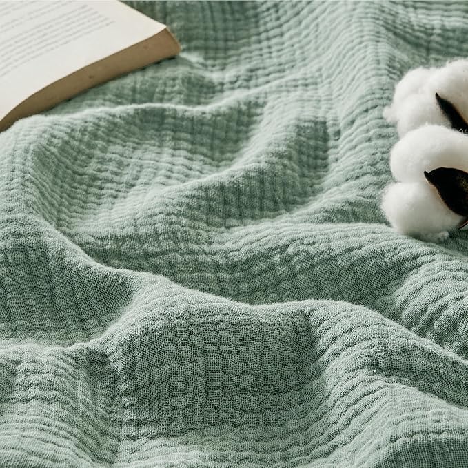 Bedsure 100% Cotton Muslin Throw Blanket Twin XL for Bed - 4-Layer Breathable and Lightweight Thin Soft Summer Gauze Muslin Blankets for Adults, Sage Green, 66x90 Inches