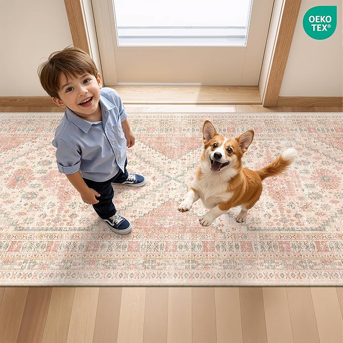 2x5 Rug Runner Washable for Entryway, Soft Bathroom Rugs with Non-Slip Backing,Vintage Low Pile Stair Runner, Small Kitchen Carpet for Hallways, Laundry Room(Pink,2'x5')