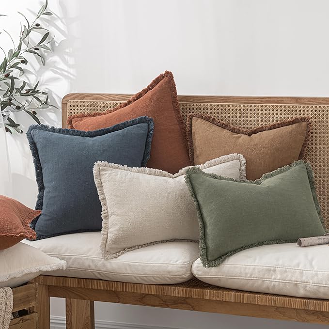 MIULEE Decorative Throw Pillow Covers Neutral Linen Fringe Throw Pillows Set of 2 Brown Boho Farmhouse Cushion Covers with Tassels for Couch Sofa Bed Living Room Spring Home Decor 20x20 Inch