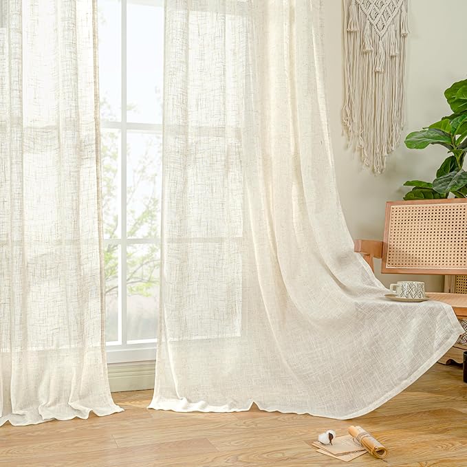 LAMIT Linen Sheer Curtains 72 Inch Length 2 Panels, Linen Textured Light Filtering Semi Sheer Back Tab and Rod Pocket Burlap Boho Neutral Drapes for Bedroom/Living Room, Ivory Cream, 52 x 72 Inch
