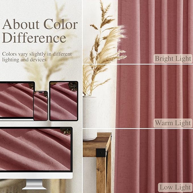 Canyon Rose Linen Curtains 108 Inches Long for Living Room 2 Panels Set Extra Long Back Tab Curtain Semi Sheer Light Filtering Dusty Rose Drapes Floor to Ceiling Curtains for Large Windows 52x108