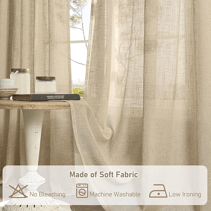 LAMIT Faux Linen Curtains 63 inches Long for Bedroom, Back Tab and Rod Pocket Linen Drapes Light Filtering Semi Sheer Curtains for Small Window/Farmhouse, 2 Panels (52 x 63 Inch, Brown)