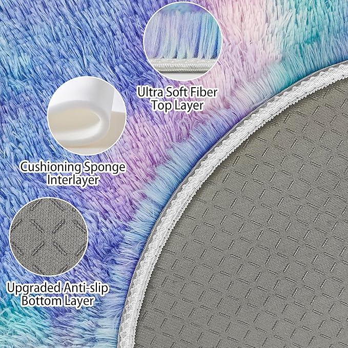 4x4 ft Tie Dye Rainbow Round Rug for Bedroom Room Fluffy Circle Rug Furry Carpet Shaggy Circular Fuzzy Washable Non-Slip Large Area Rug Soft Indoor for Living Room Cute Aesthetic Home Decor