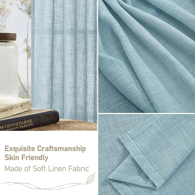 LAMIT Stone Blue Linen Curtains 90 Inch for Living Room, Back Tab and Rod Pocket Linen Textured Farmhouse Panels Light Filtering Drapes for Bedroom/Dining Room, Set of 2, 52 x 90 Inch