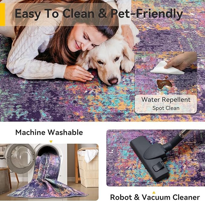 Washable Area Rugs Square 8ft Non-Slip Modern Abstract Soft for Living Room Entryway Bedroom Nursery, Print Pattern, Purple Orange Blue Green Rust Red Colorful