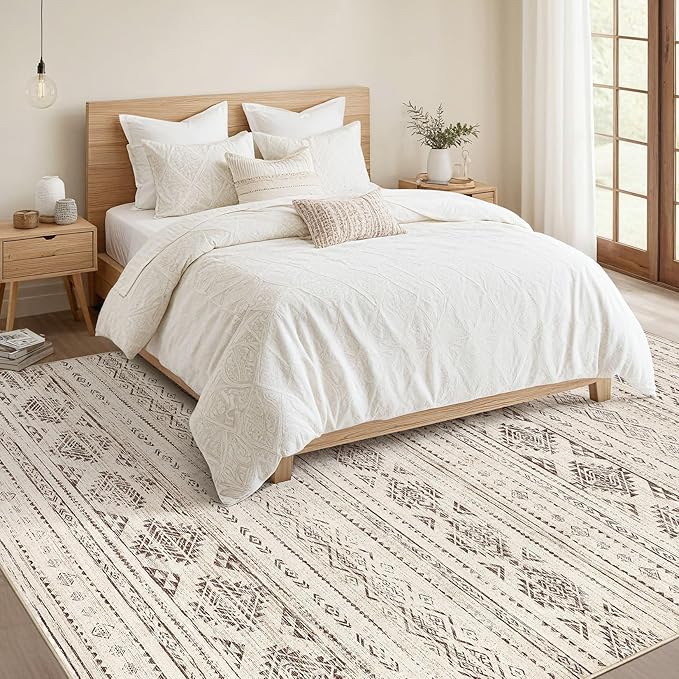 Nakagishi 10x12 Area Rugs Living Room: Washable Boho Large Neutral Soft Farmhouse Rug Stain Resistant Modern Moroccan Non-Slip Indoor Carpet for Bedroom Nursery Kids Office Dining Room - Dark Brown