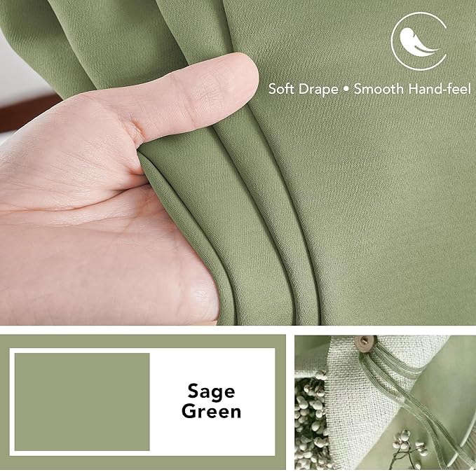 Deconovo Blackout Curtains, Thermal Insulated, W52 x L72 2 Panels, Back Tab, Machine Washable, Room-Darkening Drapes for Bedroom/Living Room Sage Green