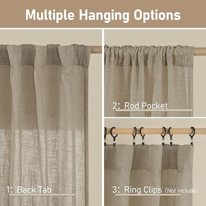 LAMIT Taupe Semi Sheer Window Linen Curtains 63 Inch Length, Light Filtering Panels Back Tab and Rod Pocket Country Decor Drapes for Bedroom/Living Room, 2 Panels, 34 x 63 Inch