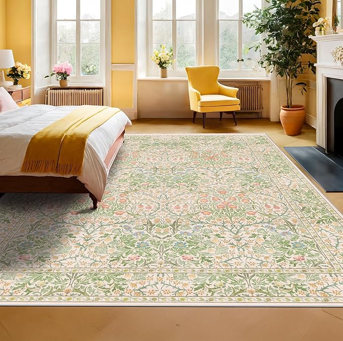 Vintage Washable Beige Green 10x12 Rug for Living Room - Extra Large Area Rug for Dining Room Under Table, Soft Low Pile Carpet for Bedroom - Botanical Forest Floral Design
