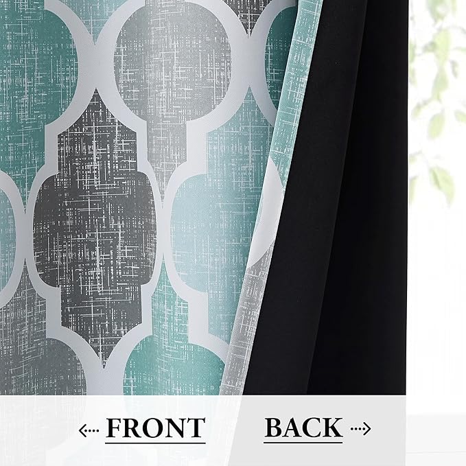 Beauoop 100% Blackout Curtains 90 Inches Long 2 Panels for Bedroom Living Room Aqua Grey Moroccan Geo Room Darkening Thermal Insulated Soundproof Grommet Top Window Treatments Drapes, 50x90 Set of 2