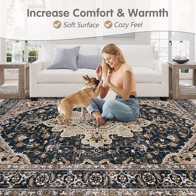 Area Rugs 5x7 Vintage Rug: Washable Living Room Rug Retro Medallion Distressed Large Soft Low Pile Non-Slip Indoor Floor Carpet for Bedroom Kitchen Nursery Dining Table Office (BeigeBlack, 5'x7')