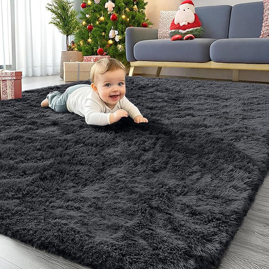 OLANLY 4x9 Area Rugs for Living Room Bedroom, Machine Washable Soft Fluffy Shaggy Bedside Rug, Indoor Floor Carpet for Kids Girls and Boys, Dorms, Nursery Rooms, Home Decor Aesthetic, Black