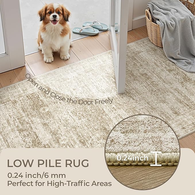 2x4 Washable Rug Runner for Bathroom, Soft Entryway Rug for Laundry Room, Kitchen, Vintage Abstract Hallway Runner for Bedroom, Anti-Slip Door Mat Indoor Entrance(2'x4', Brown/Ivory)