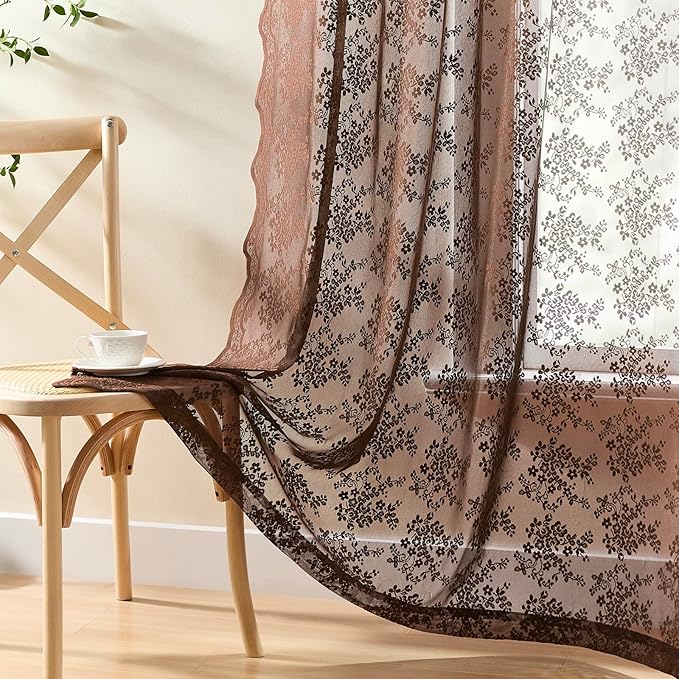 YJ YANJUN Vintage Lace Curtains 72 Inches Long- Country Brown Floral Curtains for Home Office Living Room 2 Panels, Earthy Embroidered Texture, Privacy Rustic Cottage Core Neutral Decor W52 X L72