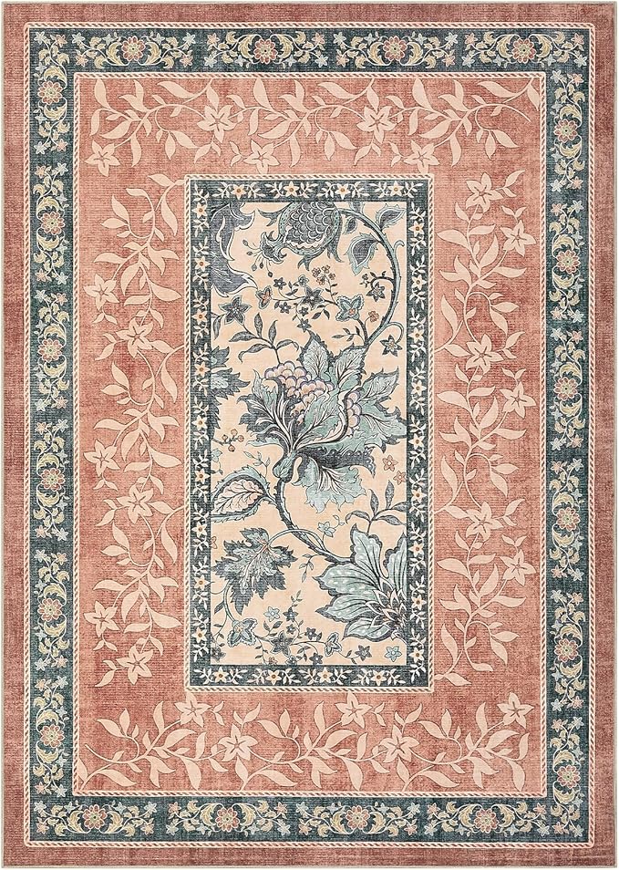 GarveeHome Terracotta Teal 2x6 Washable Kitchen Runner Rugs Non Slip Provence Botanical Grove Vintage Boho Cottage Long Rug for Hallways Bedroom TPE Rubber Backing