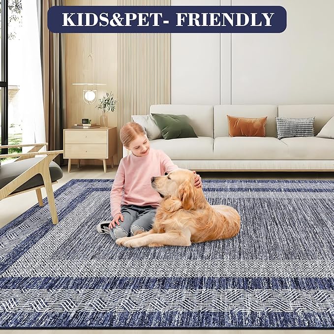 GarveeHome 6x9 Large Washable Area Rug Modern Bordered Rug Distressed Geometric Floor Carpet, Soft Non Slip Low Pile Non Shedding Rug, Indoor Navy Blue for Bedroom, Living Room