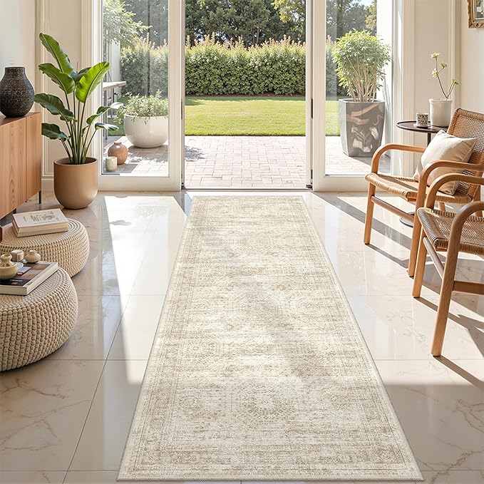 2x7 Runner Rug Non Slip, Thin Entryway Washable Rug for Entryway, Runners for Hallways, Low Pile Vintage Abstract Soft Rugs for Living Room, Kitchen, Bedroom(2'x7', Beige/Ivory)