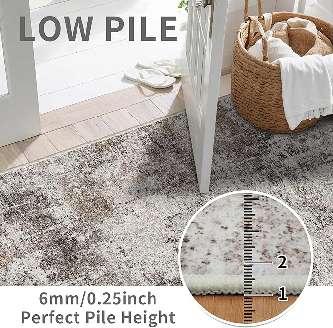 3x10 Washable Runner Rug for Hallway: Non Slip Runners Rugs Easy-to-Clean - Soft Living Room Bedroom Kitchen Carpet - Thin Low Pile Printed Floor Mat for Dining Room Beige Brown