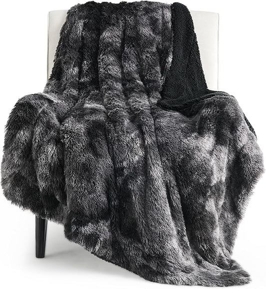 Bedsure GentleSoft Fuzzy Sherpa Faux Fur Twin Blanket Tie Dye Black Cozy Gifts for Boys Girls, Soft Fleece Plush Warm Thick Blanket Twin Size for Bed, Black Room Decor Dorm Essentials Gifts, 60x80