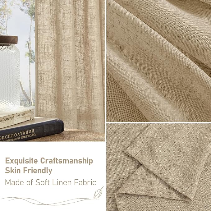 LAMIT Semi Sheer Linen Curtains 36 Inch Length for Cafe, Light Filtering Panels Back Tab and Rod Pocket Neutral Drapes for Bathroom/Kitchen/Loft Room, 25 x 36 Inch, Brown, 2 Panels