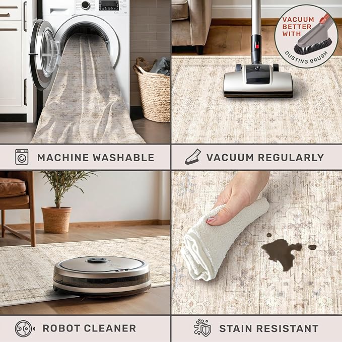 Washable Cream Farmhouse Bathroom Rug, 3x5 Non Slip Area Rugs for Kitchen, Bedroom, Laundry Room, Entryway, Soft Low Pile Neutral Light Beige Décor