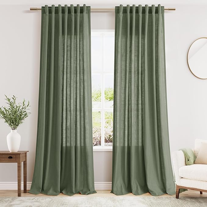 Nanspring Olive Green Linen Curtains for Living Room 2 Panels Set 100 Inch Length Back Tab Light Filtering Semi Sheer Curtain Drapes for Bedroom 52x100