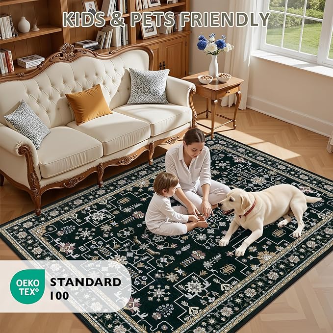 Area Rugs 10x14 Living Room Rug: Washable Rug Soft Vintage Boho Medallion Carpet Indoor Floor Non-Slip Stain Resistant Large Carpets for Bedroom Dining Room Farmhouse Nursery Home Office Black