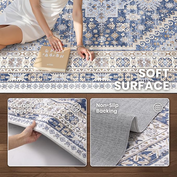 zesthome Washable Runner Rug 2.5x12 - Stain Resistant Entryway Rug,Ultra-Thin Kitchen Rugs, Anti Slip Backing Runner Rugs for Entrance Laundry Room Indoor Hallway (Blue/Beige,2.5'x12')