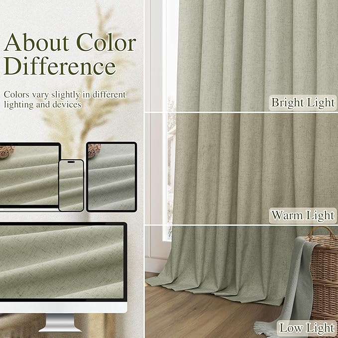 Sage Green 100% Blackout Curtains 84 Inch Length 2 Panels Set for Living Room Bedroom Back Tab Thermal Insulated Black Out Linen Drapes Room Darkening Window Curtains 40 Wide