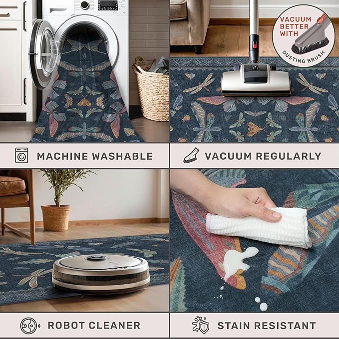Blue 5x8 Washable Living Room Rugs - Stain Resistant Non Slip Insect Rug for Dining Room, Low Pile & Soft Carpet for Bedroom, Dark Vintage Décor Indoor, Non Skid with Rubber Backing