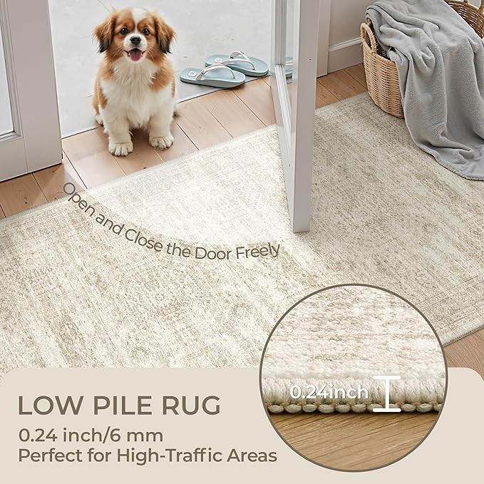 Rug Runners for Hallways Non Slip - 2x8 Runner Rug for Bedroom, Washable Runner with Rubber Backing, Soft Low-Pile Carpet for Kitchen, Laundry, Bathroom (2'x8', Beige/Ivory)