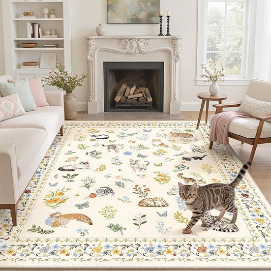 Soalmost Cat 6x9 Area Rugs for Living Room, Machine Washable Animal Floral Vintage Rug Non-Slip Low Pile Soft Throw Rugs for Bedroom Dining Room Kitchen Nursery Playroom (6 x 9,Beige)