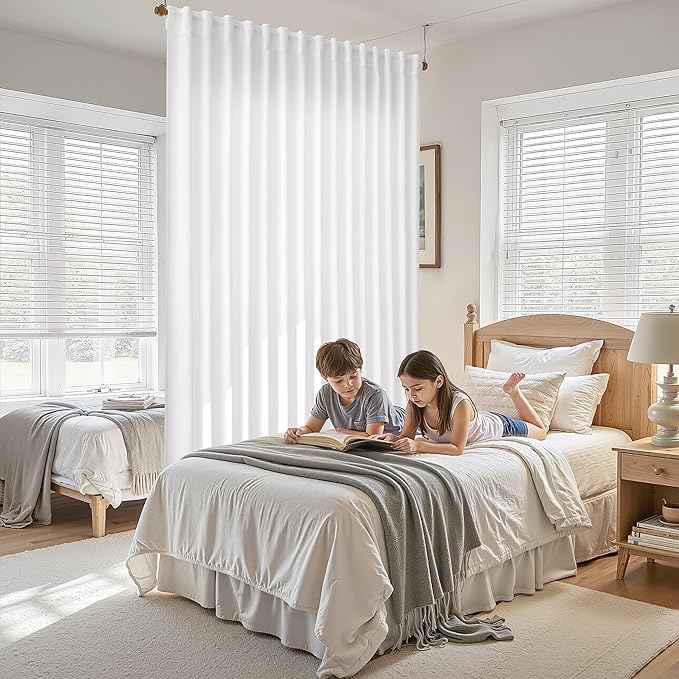 White Large Window Curtains Light Filtering Semi Sheer Privacy Linen Textured Curtain for Patio Sliding Glass Door Extra Wide Rustic Farmhouse Drapes for Living Room Bedroom Sunroom 100x90 Inch