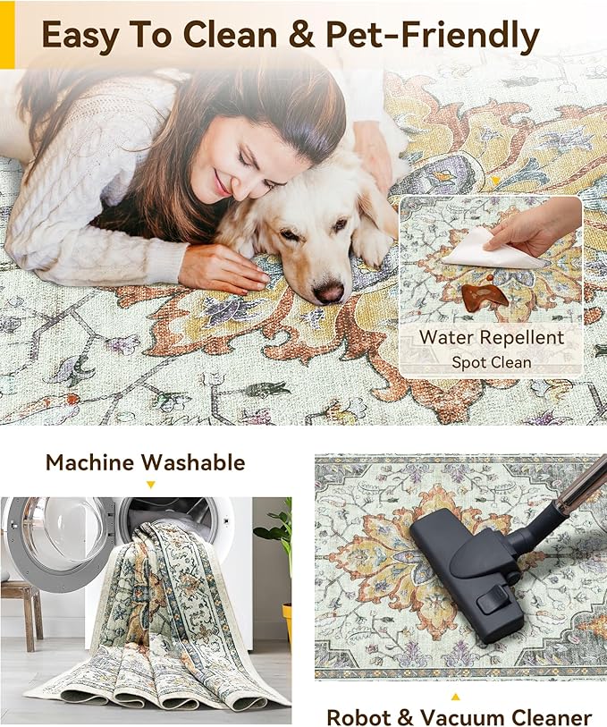 Area Rugs 9'x12' Washable Non-Slip, Floral Vintage Distress Print Pattern Medallion Carpet for Living Room Bedroom Dining Room, Light Yellow Carbon Grey Orange