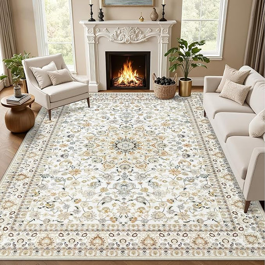 3x5 Area Rugs Living Room Rug: Washable Vintage Boho Rug No Slip Stain Resistant Soft Carpet Indoor Floor Floral Large Carpets for Bedroom Dining Room Farmhouse Nursery Home Office Beige