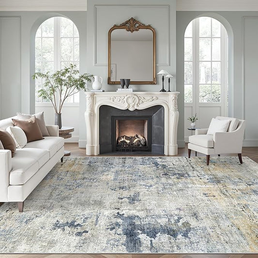 Abstract Rug 8x10 Large Living Room Rugs Neutral Modern Washable Area Rugs for Bedroom Dining Room Non-Slip Stain Resistant Foldable Thin Rug Blue Yellow