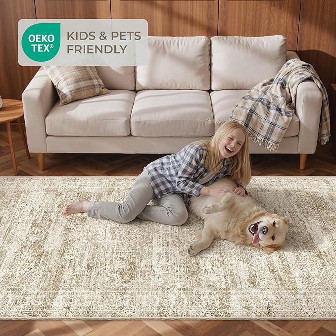 3x4 Washable Area Rug for Entryway, Soft Kitchen Rugs Non Slip for Dining Room, Vintage Abstract Living Room Rug, Thin Area Rugs Indoor for Bedroom, Kids Room Decor(3'x4', Brown/Ivory)