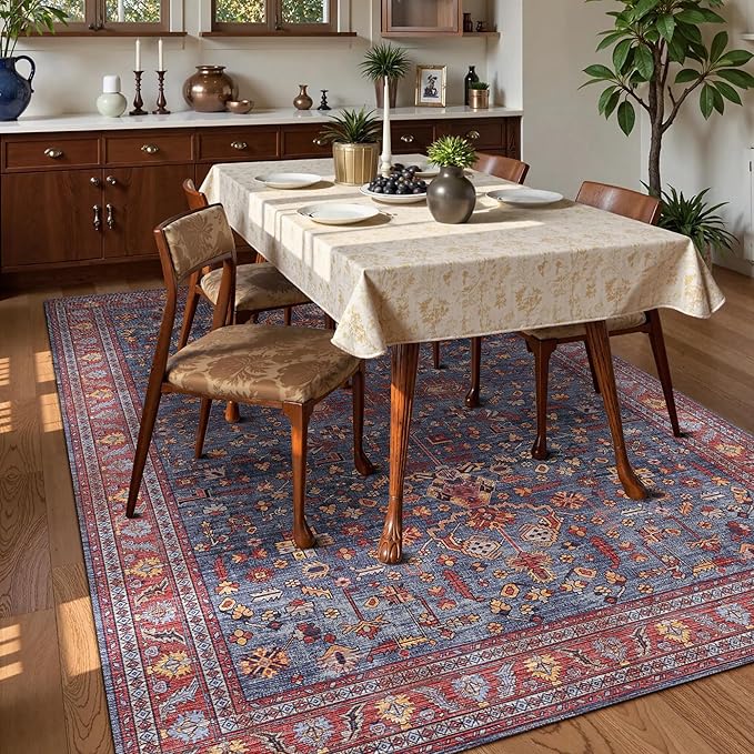 Washable Area Rug 6' x 9' Vintage Traditional Persian Mat - Foldable Distressed Non-Slip Machine Washable Carpet for Living Room Bedroom Kitchen Home Decor - Indigo and Crimson