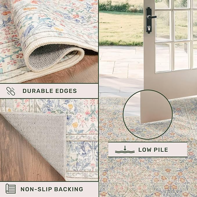 Hazo Haus Washable Dining Room Rugs, 7x9 Area Rug for Living Room, Bedroom, Kids Playroom, Low Pile Non-Slip Lightweight & Stain Resistance - Light Beige Blue Oriental Vintage Design