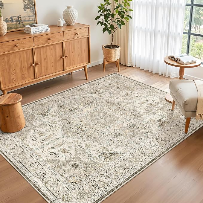 Madane Area Rug 4x6 Washable Rugs: Vintage Living Room Rug Soft Low Pile Non Slip Area Rugs Distressed Indoor Floor Carpet for Bedroom Kitchen Dining Room Home Decor, Ivory/Brown