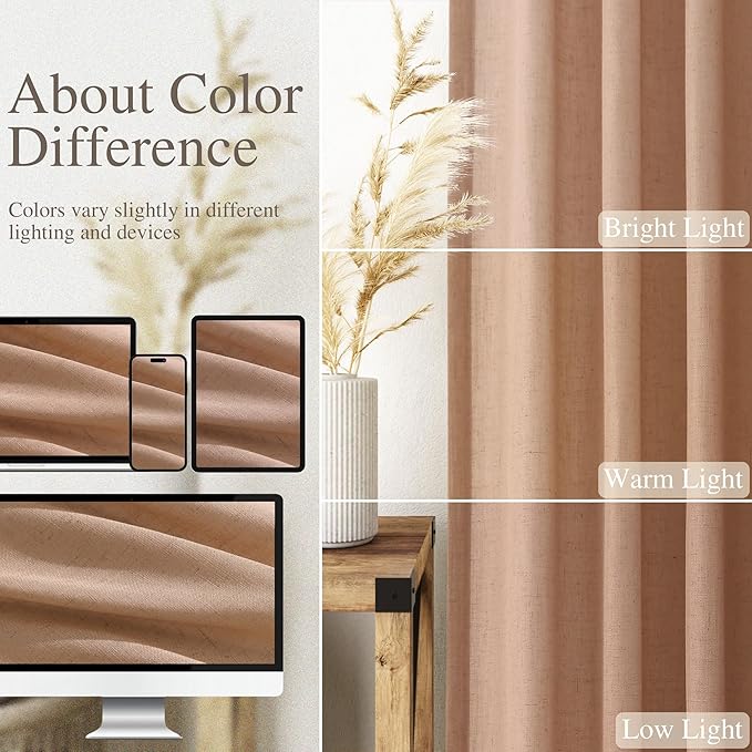 Nanspring Peach Linen Curtains 102 Inches Long Rod Pocket Back Tab Drapes 2 Panels Set for Girl Kids Bedroom Light Filtering Semi Sheer Peach Curtain 102 Length for Patio Door Bedroom 52x102