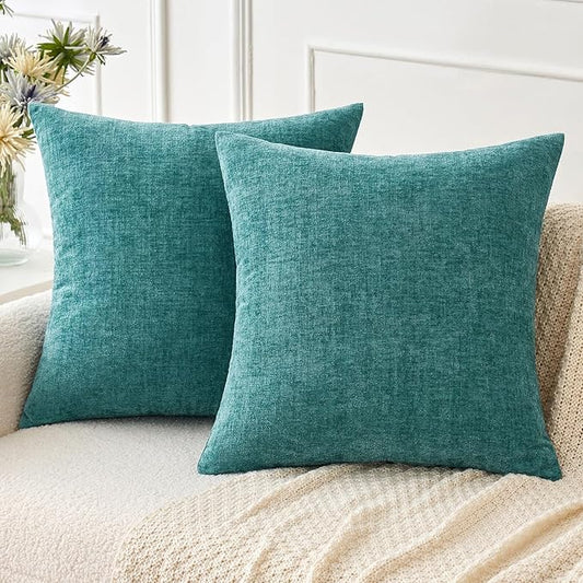 MIULEE Pack of 2 Couch Throw Pillow Covers 20x20 Inch Soft Teal Chenille Pillow Covers for Sofa Living Room Solid Dyed Pillow Cases