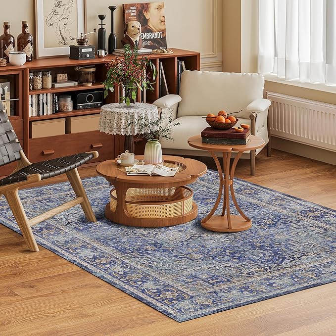 Washable Area Rug 4' x 6' Vintage Traditional Persian Mat - Foldable Distressed Non-Slip Machine Washable Carpet for Living Room Bedroom Kitchen Home Decor - Indigo and Gold