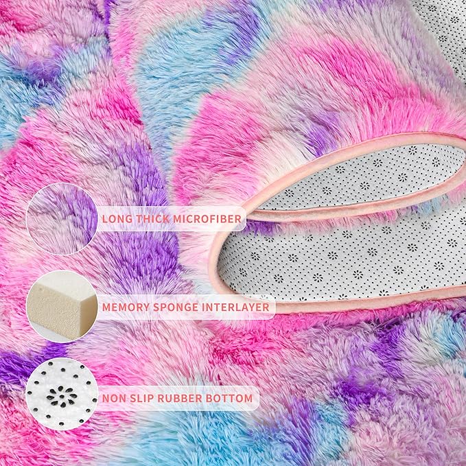 Tepook Soft Rainbow Rug for Girls Room, Cute Fluffy Girls Bedroom Rugs, 4x6 Feet Shaggy Princess Rug Colorful Carpet for Kids Teens Toddler Playroom Nursery Reading Nook, Hot Pink