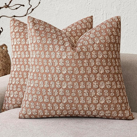 Foindtower Set of 2 Decorative Vintage Floral Print Throw Pillow Covers Neutral Farmhouse Cushion Covers Boho Home Decor for Sofa Couch Chair Bedroom Living Room,24×24 Inch,Light Orange Brown