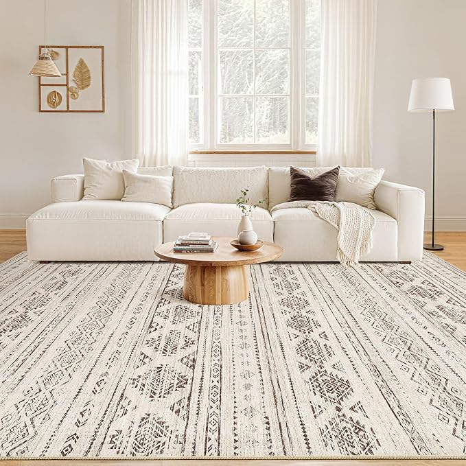 Nakagishi 10x12 Area Rugs Living Room: Washable Boho Large Neutral Soft Farmhouse Rug Stain Resistant Modern Moroccan Non-Slip Indoor Carpet for Bedroom Nursery Kids Office Dining Room - Dark Brown