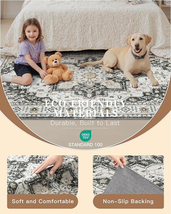 Madane 4x12 Wide Hallway Runners: Washable Runner Rug for Entryway Living Room Soft Vintage Non Slip Carpet Runner for Kitchen Dining Room Nursery Bedroom Thin Area Rug (Black,4x12ft)
