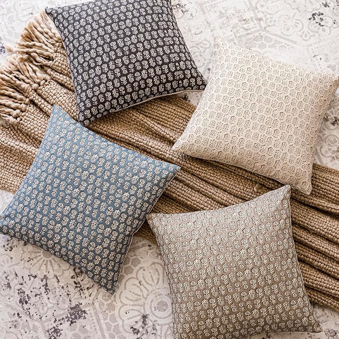 Foindtower Set of 2 Decorative Neutral Floral Print Throw Pillow Covers Vintage Accent Farmhouse Cushion Covers Boho Home Decor for Sofa Chair Couch Bedroom Living Room,18×18 Inch,Dusty Blue