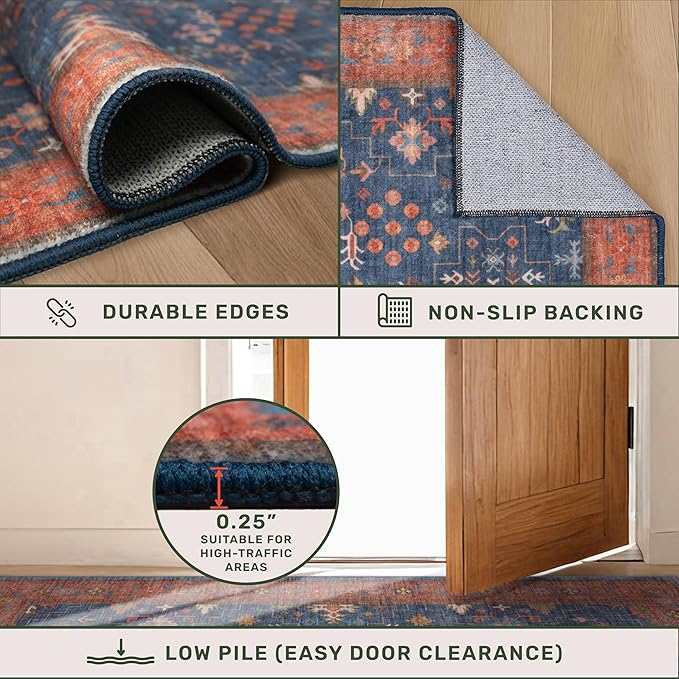 Washable 12 ft Long Runner for Hallway - Navy Blue Kitchen Floor Runner Rug, Pet Friendly Waterproof Non Slip with Rubber Backing, Stain Resistant Laundry Room Rug (3x12 Navy Blue & Terracotta)